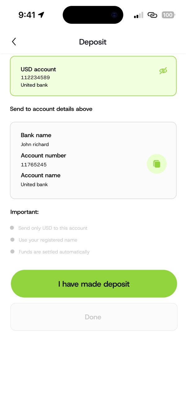 USD deposit details screen